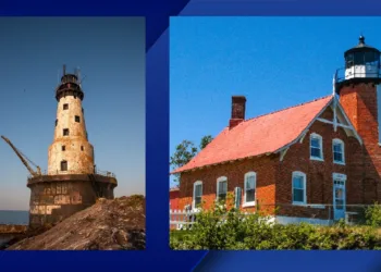 Rock of Ages Lighthouse (left), Photo Credit: Jonathan Ringdahl 2022. Eagle Harbor Lighthouse (right), Photo Credit: KCHS.