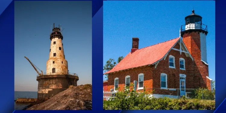 Rock of Ages Lighthouse (left), Photo Credit: Jonathan Ringdahl 2022. Eagle Harbor Lighthouse (right), Photo Credit: KCHS.