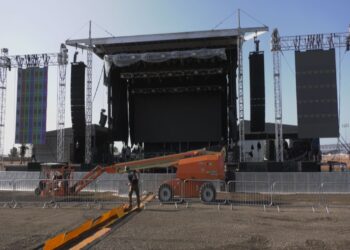 Crews setting up the stage Friday morning