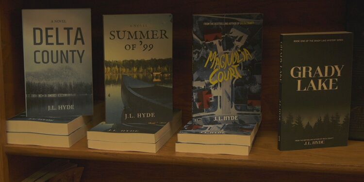 Hyde's books on display at Canterbury Bookstore on Ludington Street.
