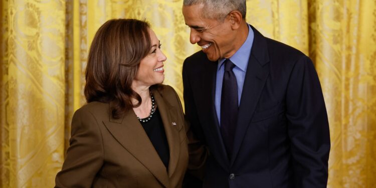 (Chip Somodevilla/Getty Images/File via CNN Newsource) In this 2022 file photo, Vice President Kamala Harris and former President Barack Obama attend an event at the White House in Washington, DC, to mark the 2010 passage of the Affordable Care Act.