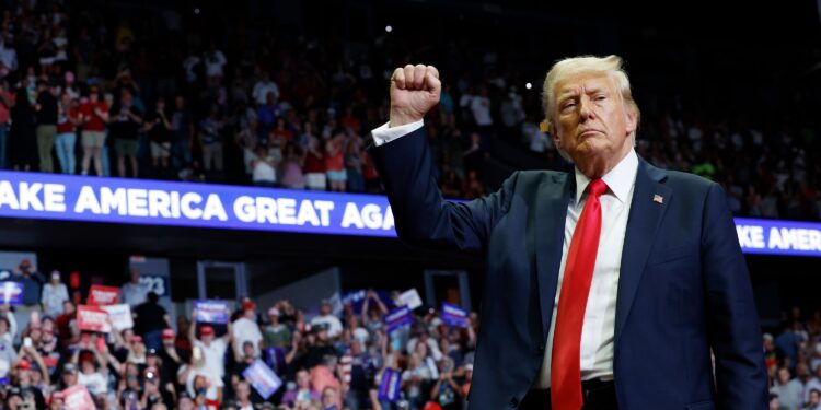 (Anna Moneymaker/Getty Images via CNN Newsource) Former President Donald Trump walks offstage after speaking at a campaign rally in Grand Rapids, Michigan, on July 20.