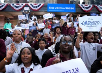 (Evan Vucci/AP via CNN Newsource) Supporters listen as President Joe Biden speaks during a campaign event at Girard College in Philadelphia on May 29.