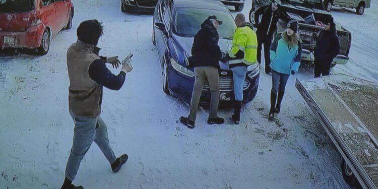 A  still taken from the security camera footage shown in court in February.