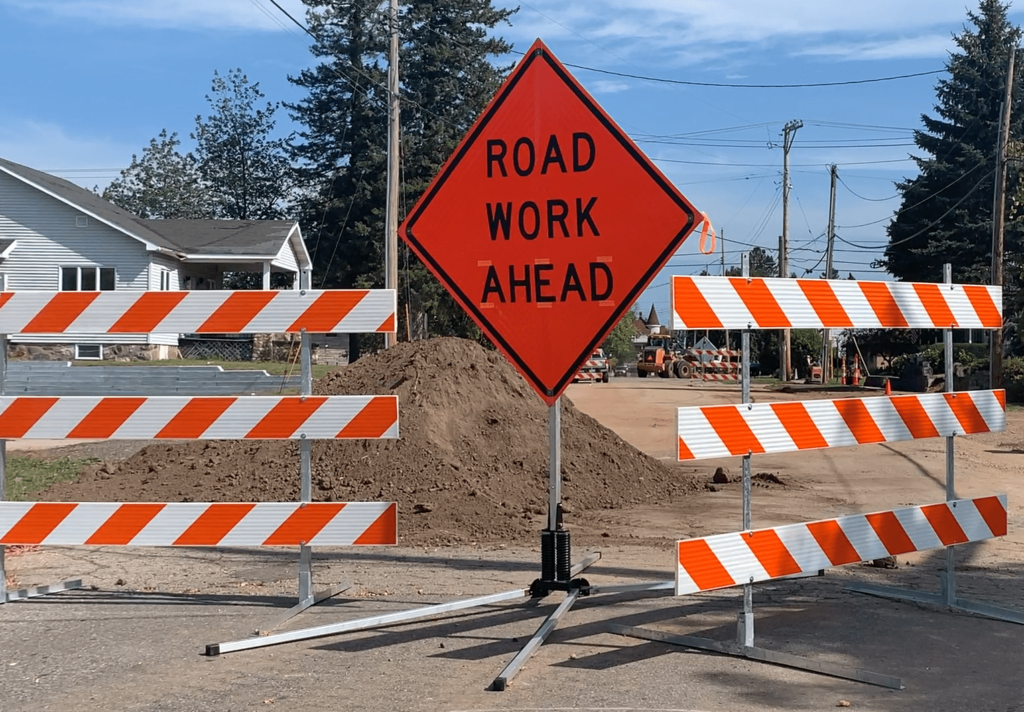 This image shows a road block in Iron Mountain where infrastructure upgrades are taking place. One of many infrastructure upgrades taking place across Dickinson County.