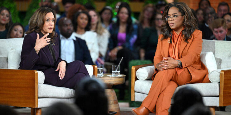 (SAUL LOEB/AFP via Getty Images) Vice President Kamala Harris and Oprah Winfrey at a campaign event in Farmington Hills, Michigan, on Sept. 19, 2024.