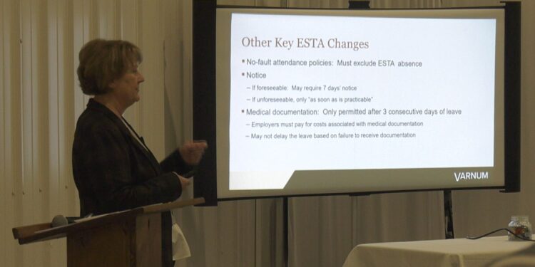 Maureen Rouse-Ayoub gives a presentation on the Earned Sick Time Act