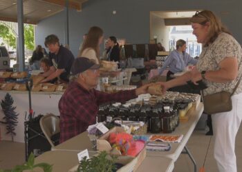 Rod Lanaville of Lanaville Garlic Farm makes a sale a the first market of the year.