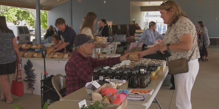 Rod Lanaville of Lanaville Garlic Farm makes a sale a the first market of the year.